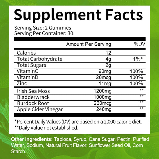 BEWORTHS Natural Irish Sea Moss Gummies with Bladderwrack & Burdock Vegetarians Gummies Support Immunity,Gut and Overall Health