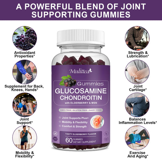 Mulittea Glucosamine 1500 mg Chondroitin gummies Relieve Joint Support Antioxidant Immune Support Supplement for Adults