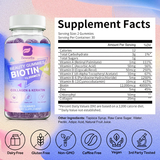 BEWORTHS Collagen Biotin Gummies Biotin for Hair Growth Strengthen Hair Roots & Nails Prevente Hair Loss Skin Care Beauty Health
