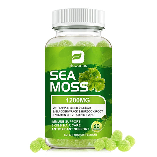BEWORTHS Natural Irish Sea Moss Gummies with Bladderwrack & Burdock Vegetarians Gummies Support Immunity,Gut and Overall Health